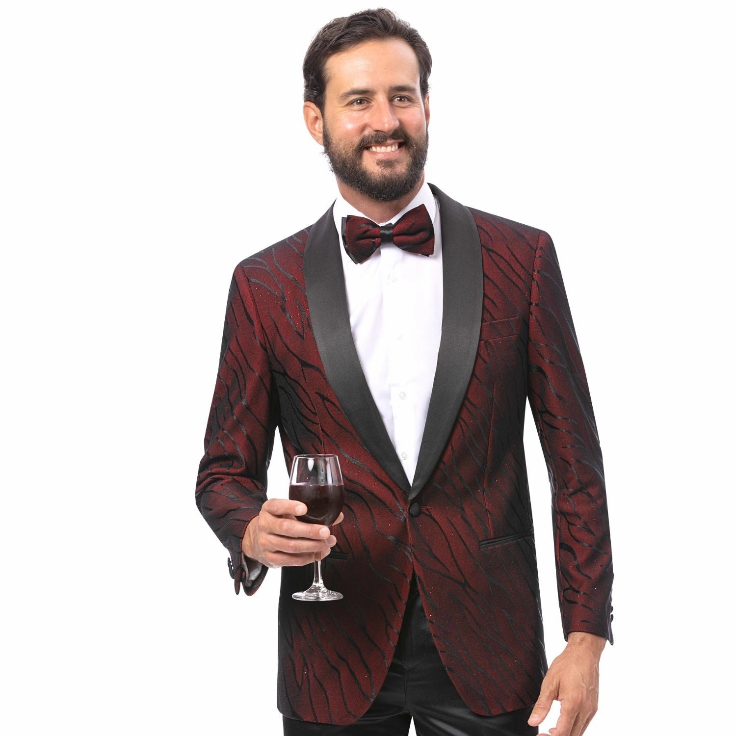 Elite Evening Collection: Men's Red Textured Blazer with Black Satin Lapel
