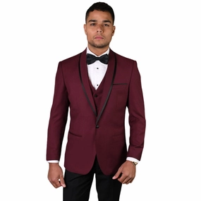 Empire Elegance Collection: Burgundy 3PC Flat Front Pants with Bow Tie 100% Wool Tailored Fit