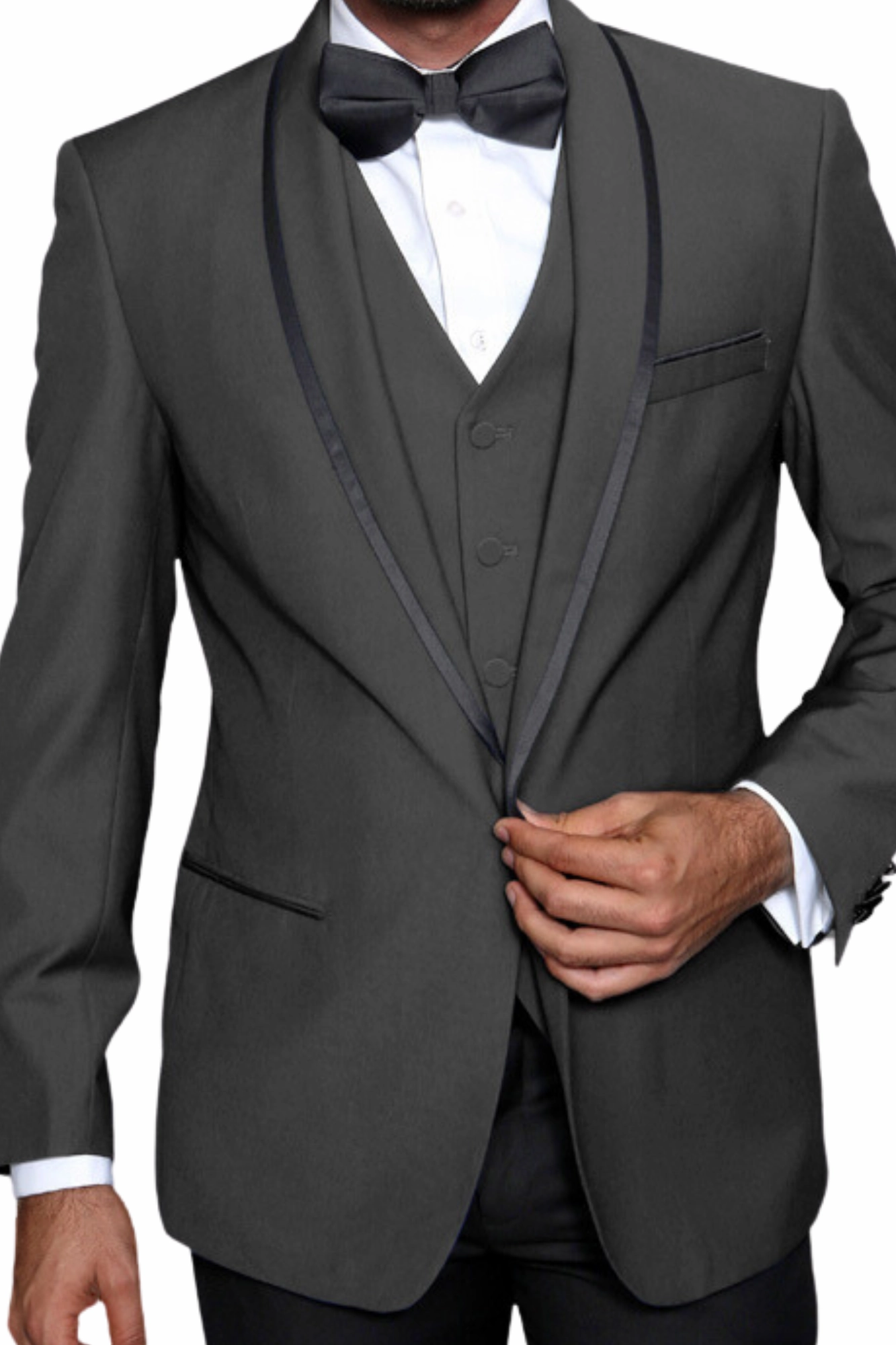Empire Elegance Collection: Charcoal 3PC Flat Front Pants with Bow Tie 100% Wool Tailored Fit