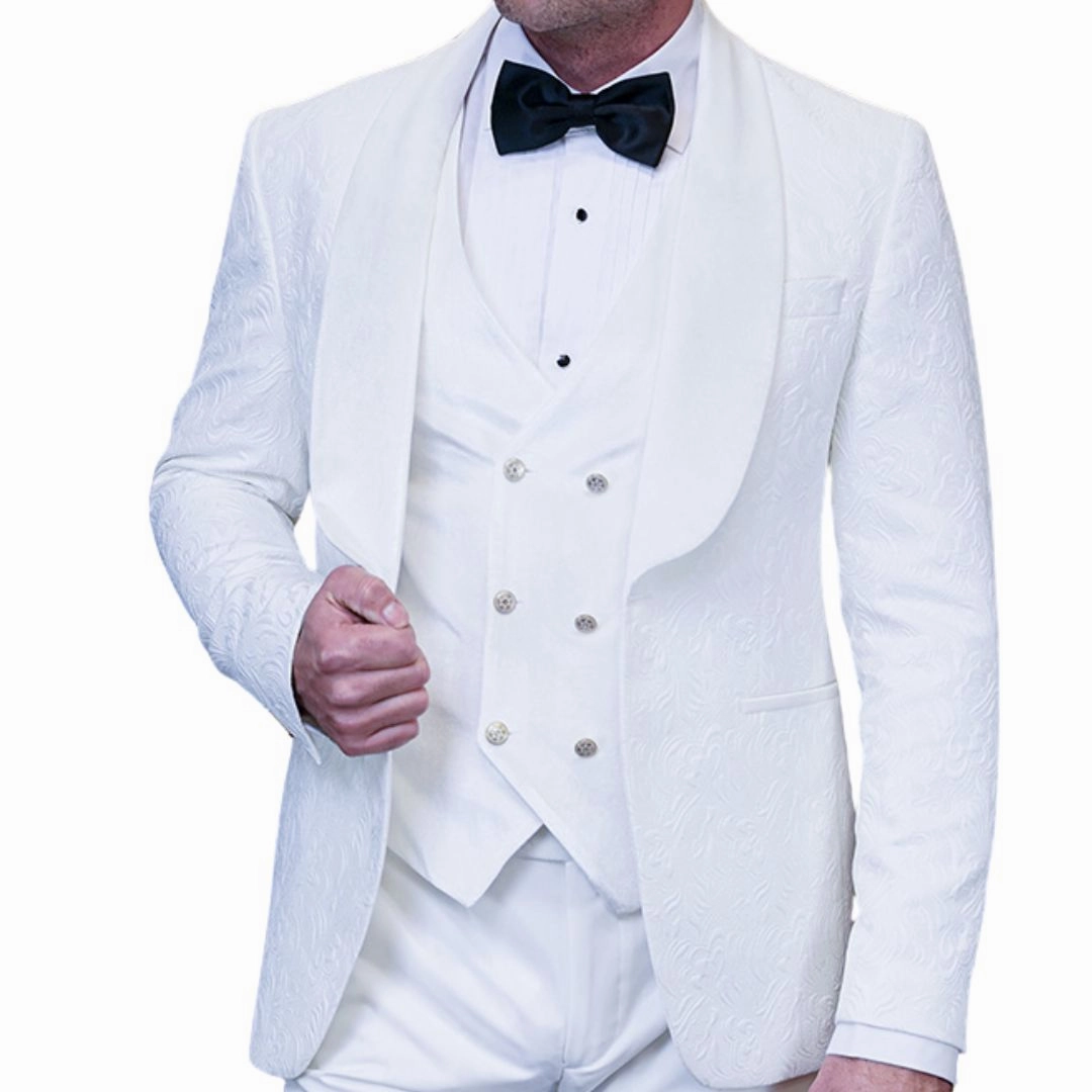 Empyrean Collection: Statement 3-Piece White Velvet Tuxedo with Gold Accents