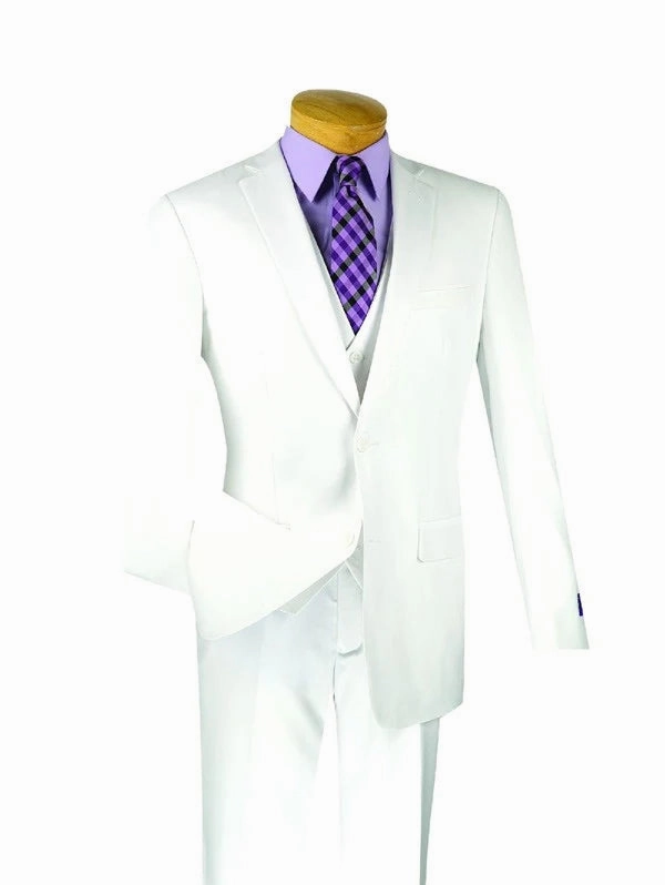 Formalita Collection: White 3 Piece Solid Color Single Breasted Slim Fit Suit