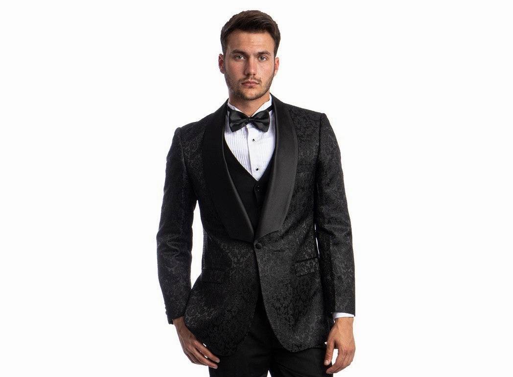 Gallant Grove Collection: Black Paisley Three-Piece Suit – Hybrid Fit