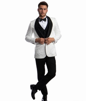 Gallant Grove Collection: White Paisley Three-Piece Suit – Hybrid Fit