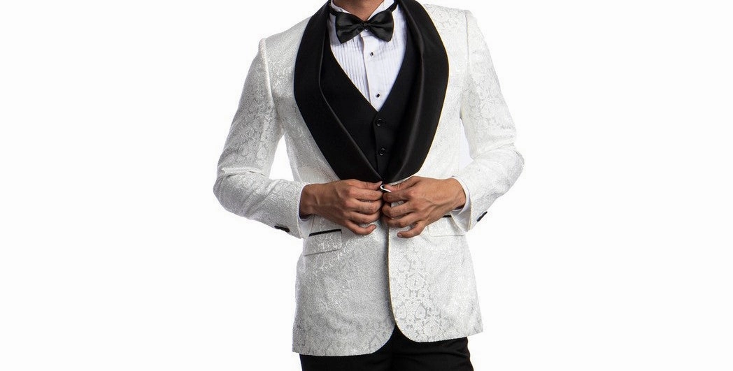 Gallant Grove Collection: White Paisley Three-Piece Suit – Hybrid Fit