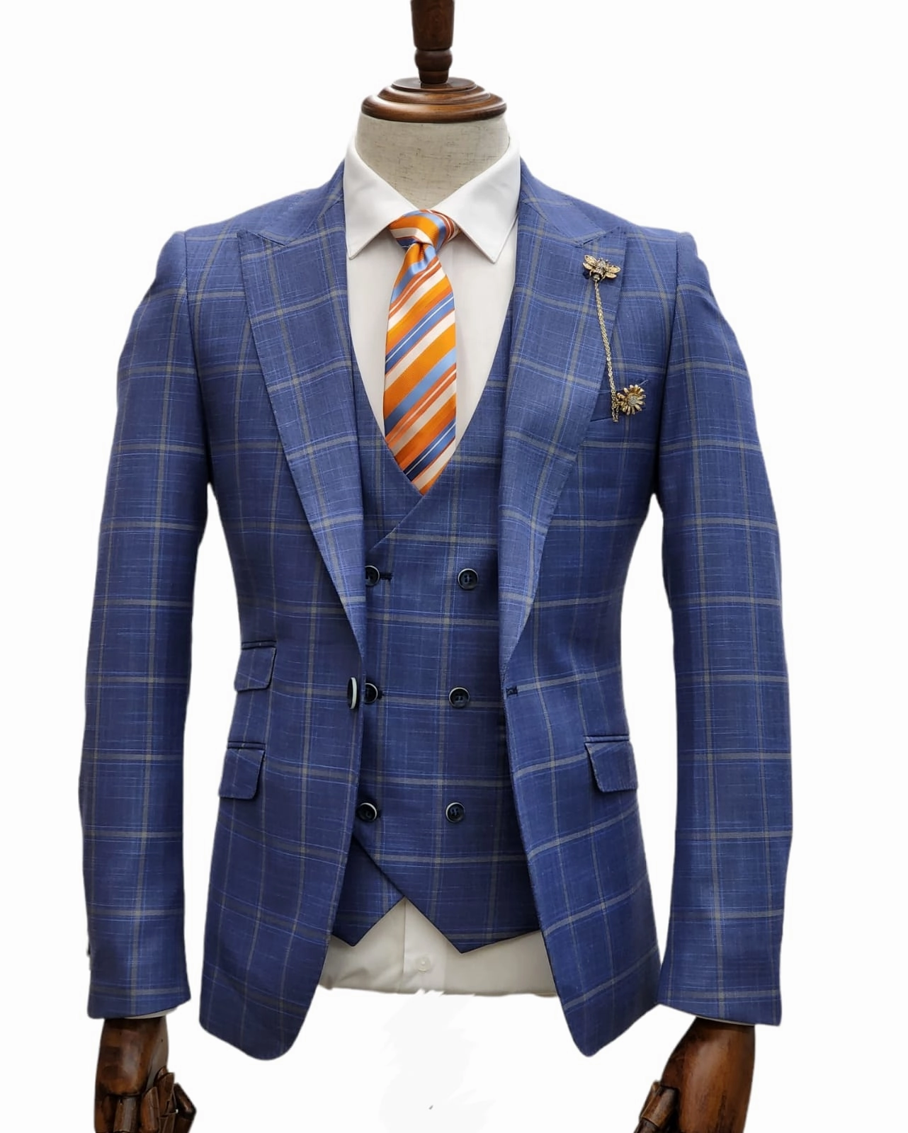 Giovanni Testi 1 Button 3Pc slim fit Suit GT1P V-4702 BLUE/CREAM/PLAID