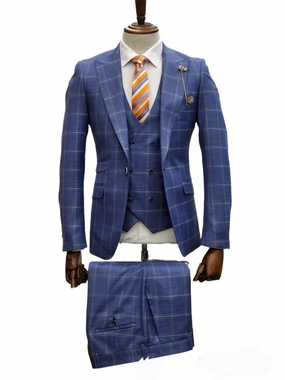 Giovanni Testi 1 Button 3Pc slim fit Suit GT1P V-4702 BLUE/CREAM/PLAID