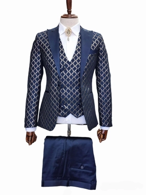 Giovanni Testi 1 Button Peak Lapel 3Pc Slim Fit Tuxedo GT1PA V-5259 NAVY/GOLD
