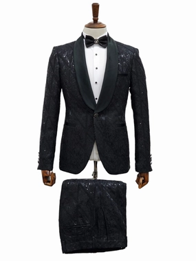 Giovanni Testi 1 Button Shawl Lapel Sequin Overlay Tuxedo EF1SX-4040 BLACK