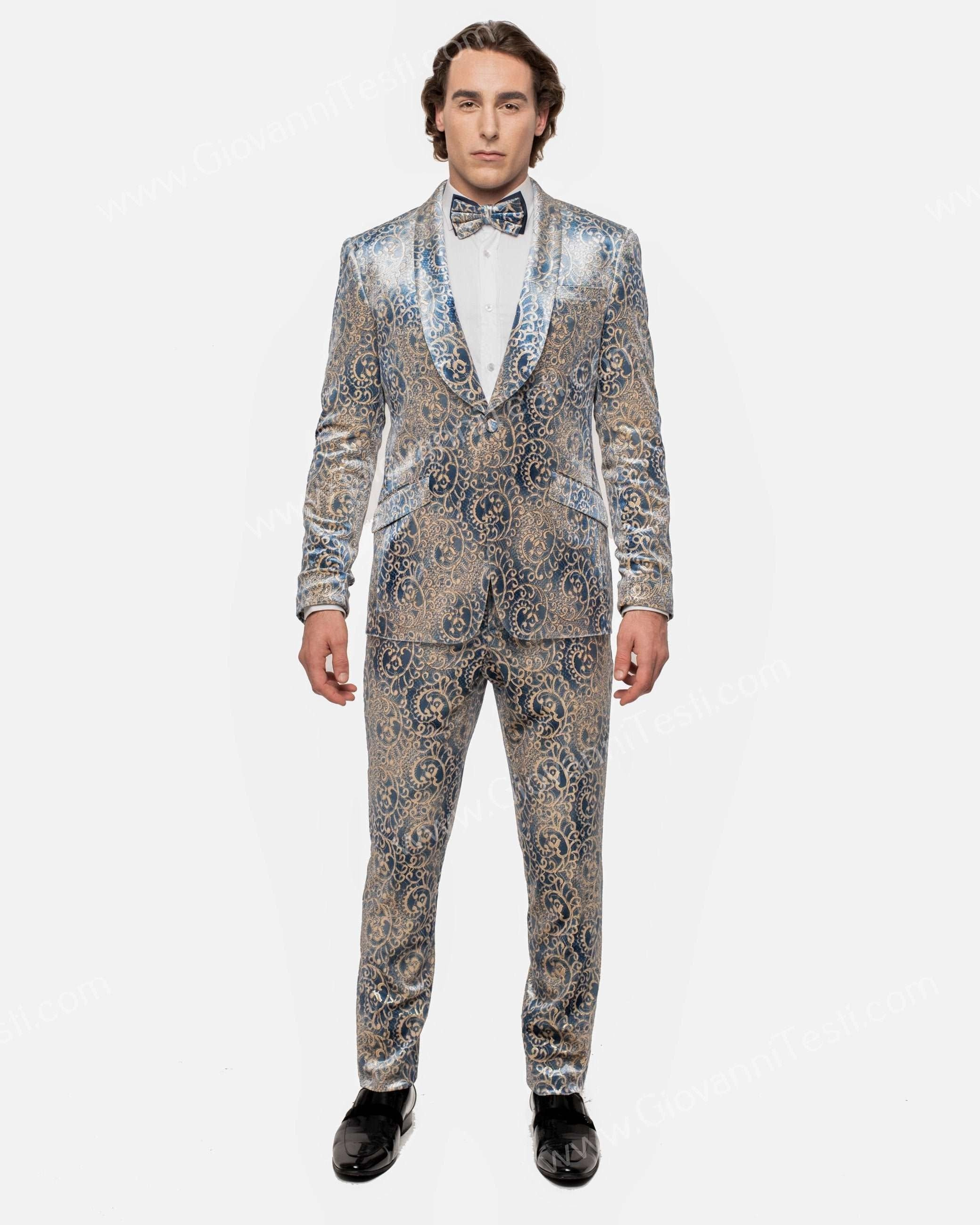 Giovanni Testi 1 Button Stretch Velvet Shawl Lapel Suit GT1S-PARI BLUE/Ivory/Gold