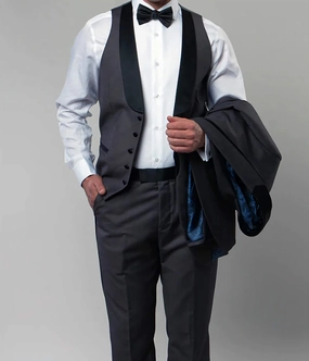 Gray Slim Fit Tuxedo 3 Piece with Satin Shawl Collar Vest