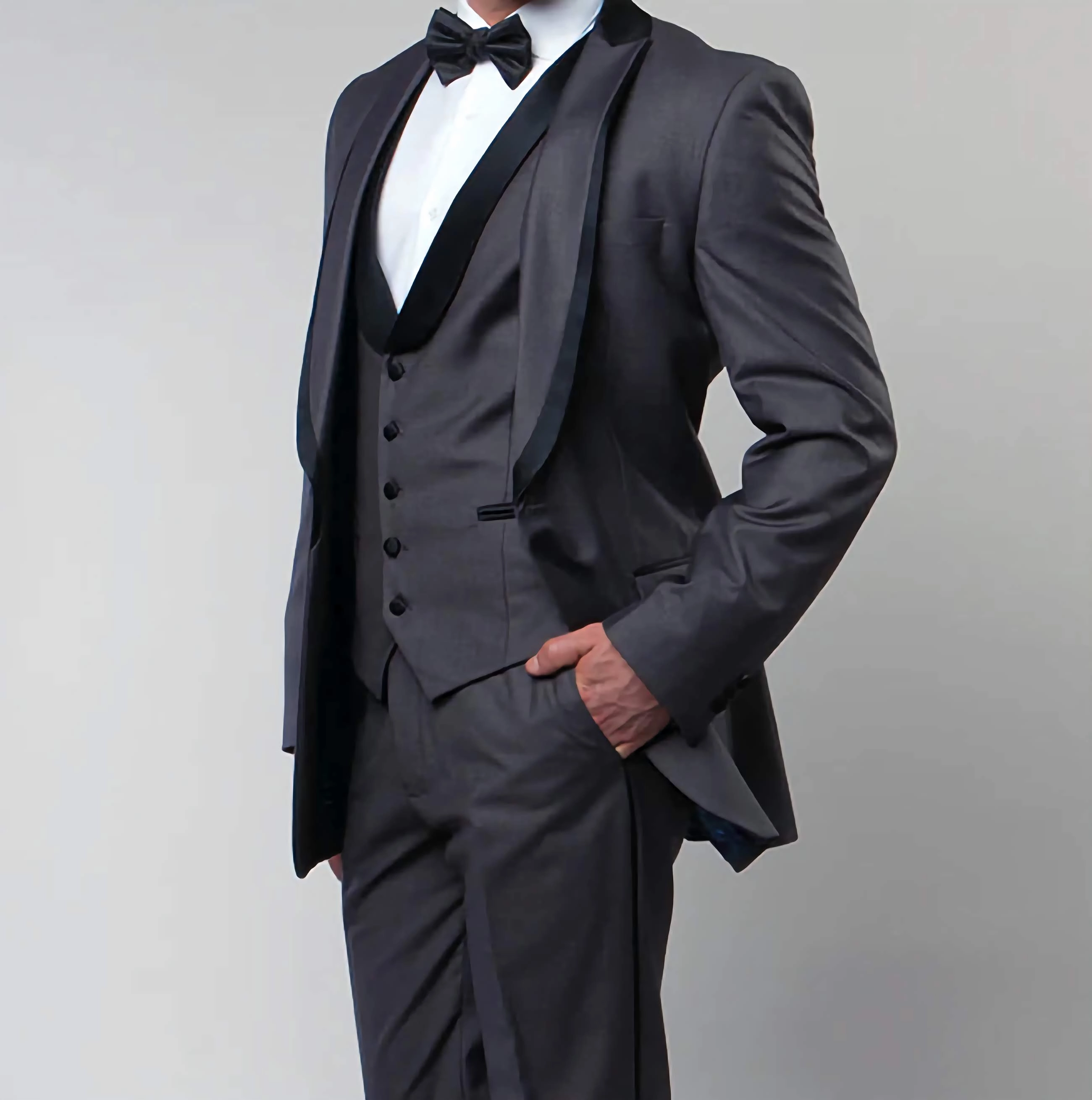 Gray Slim Fit Tuxedo 3 Piece with Satin Shawl Collar Vest