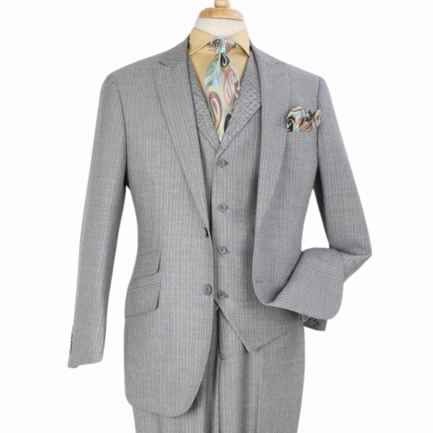 Grey Herringbone High Fashion 3-Piece Wool Suit with Peak Lapel and Vest