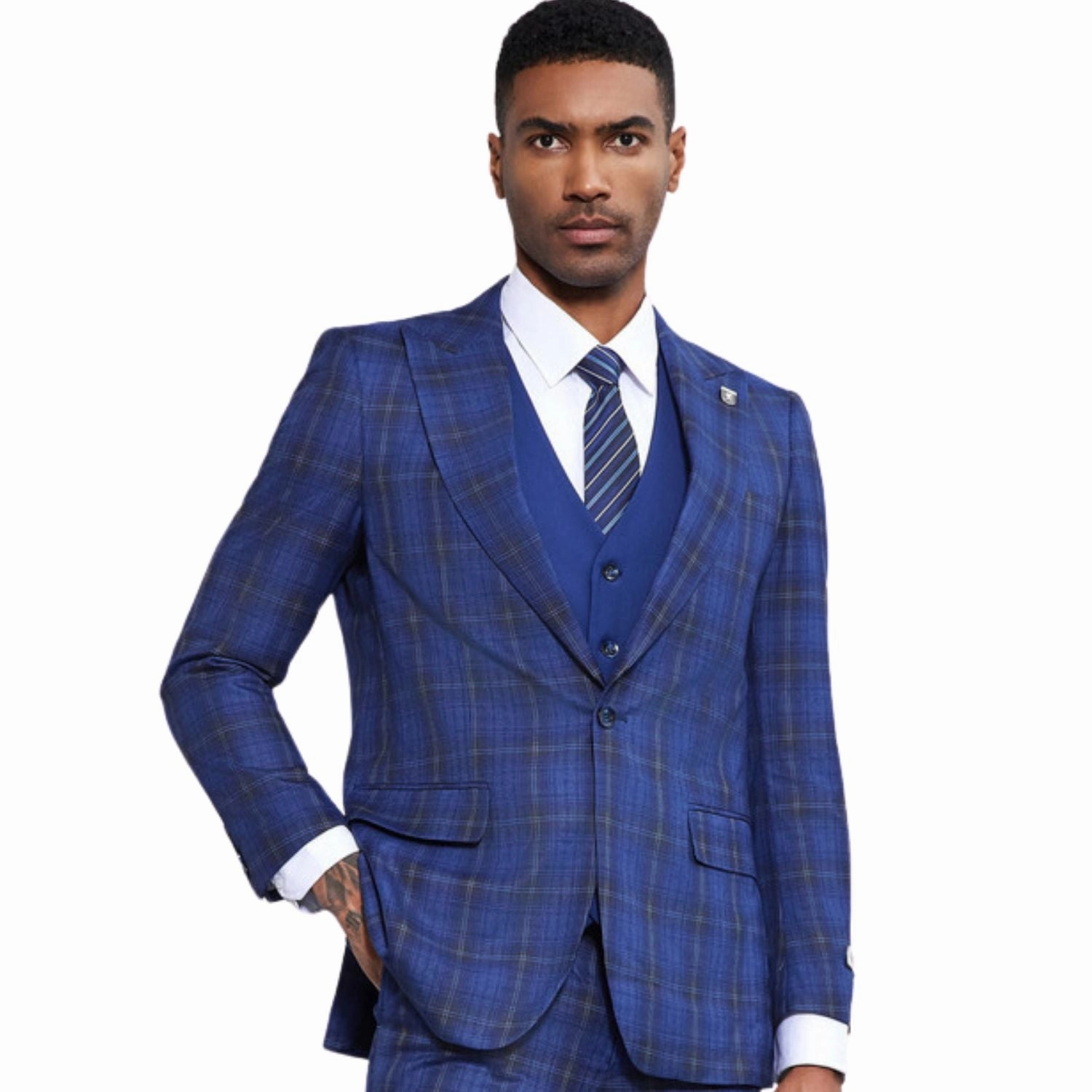 Heliotail Collection: Stacy Adams Plaid Three-Piece Suit In Royal
