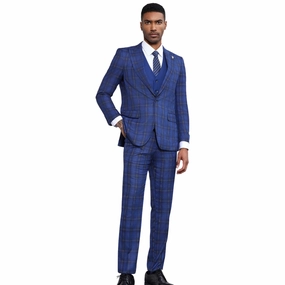 Heliotail Collection: Stacy Adams Plaid Three-Piece Suit In Royal