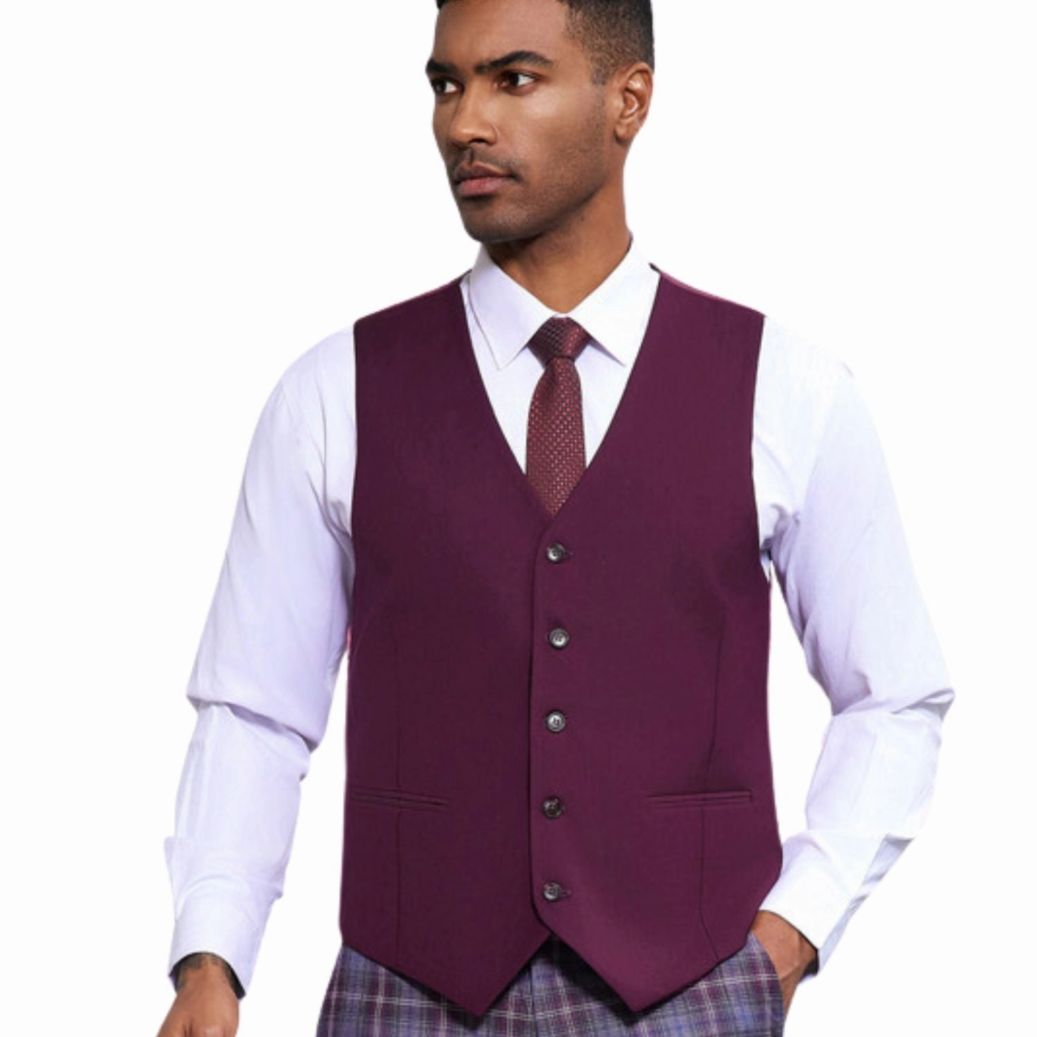 Heliotail Collection: Stacy Adams Plaid Three-Piece Suit In Wine And Grey