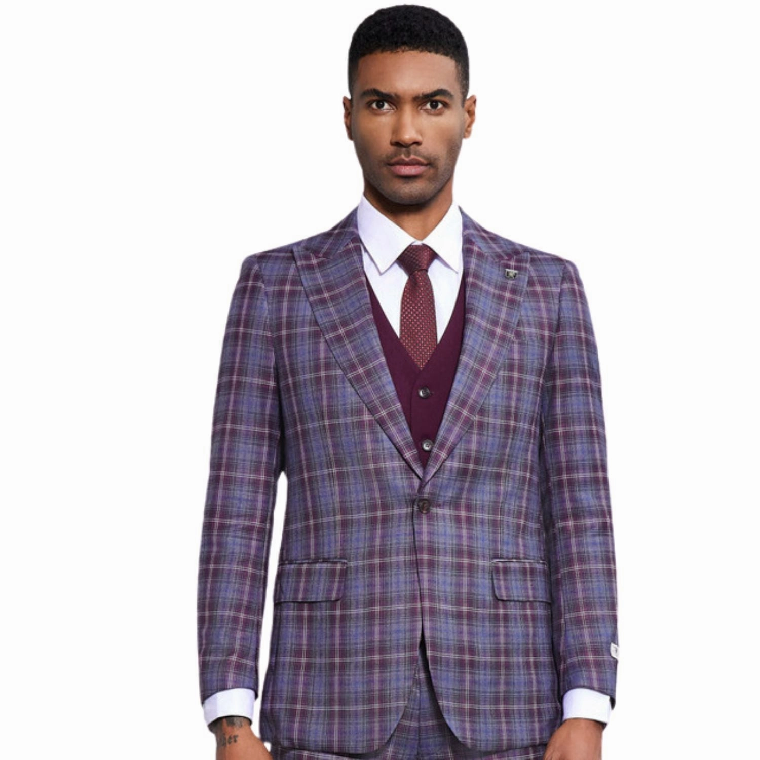 Heliotail Collection: Stacy Adams Plaid Three-Piece Suit In Wine And Grey
