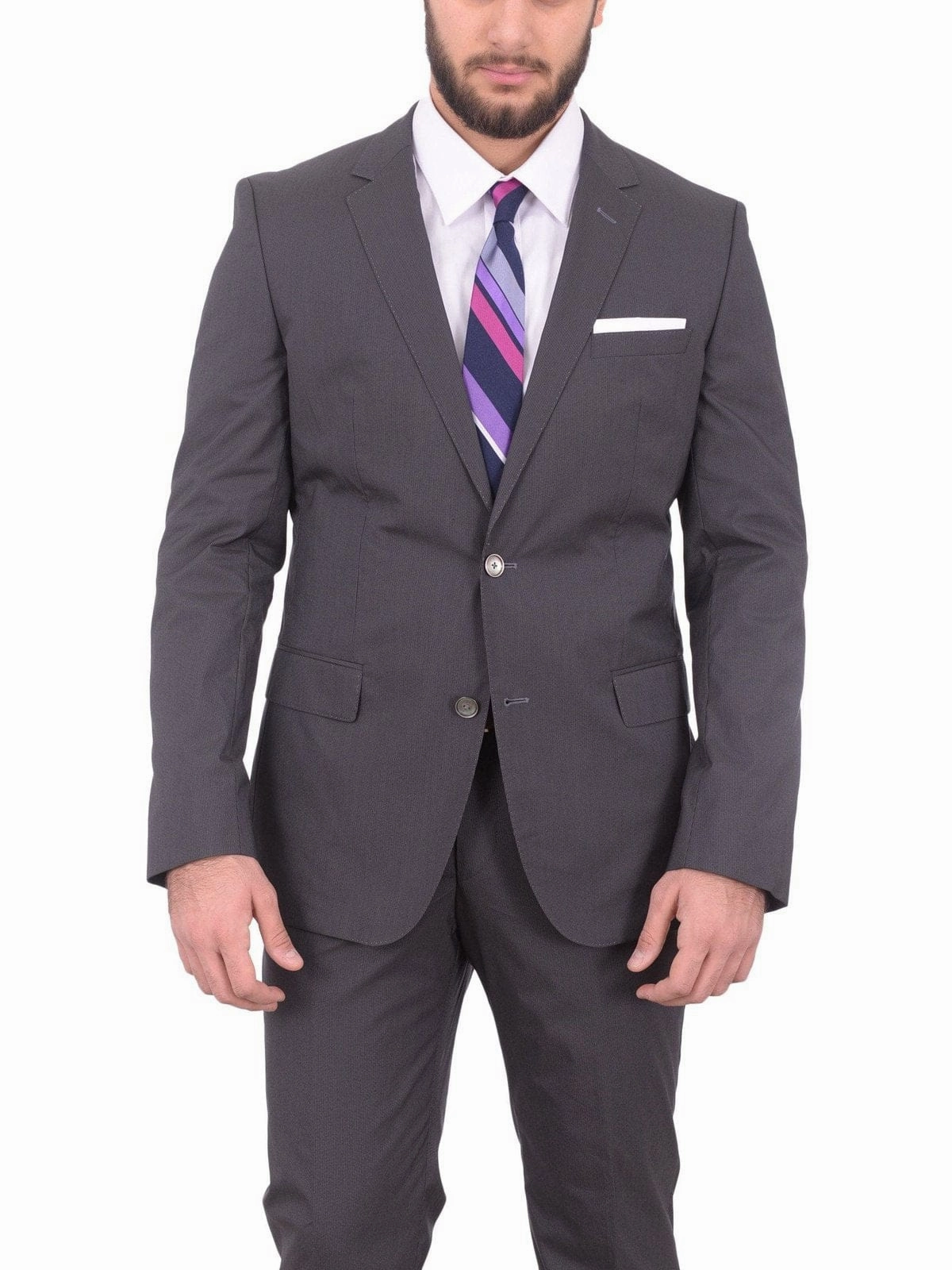 Hugo Boss Hutson1/gander Slim Fit Gray Mini Striped Stretch Cotton Blend Suit