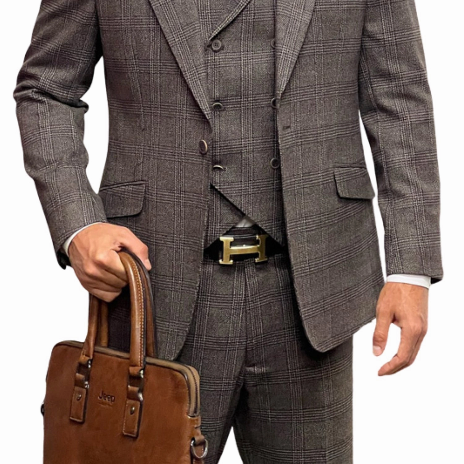 Hugo Highness Collection: Brown Tweed Self Plaid 3-Piece Suit with Double-Breasted Vest - Modern Fit