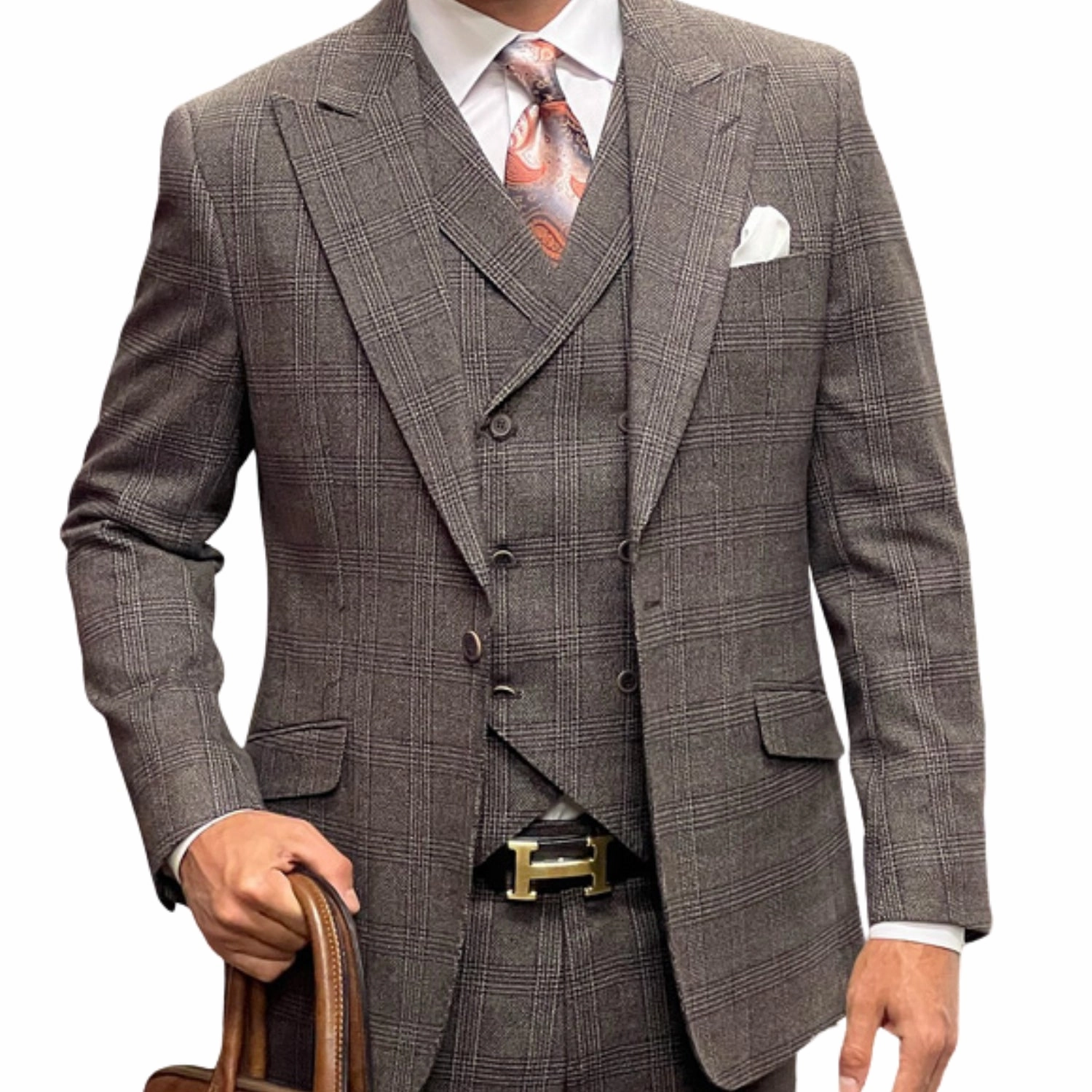 Hugo Highness Collection: Brown Tweed Self Plaid 3-Piece Suit with Double-Breasted Vest - Modern Fit
