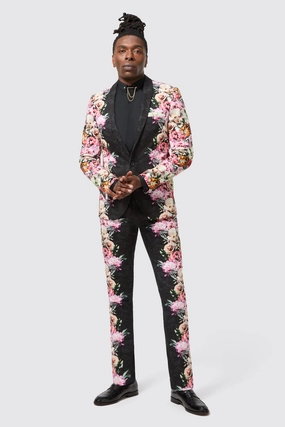 Ikeda Slim Fit Black Cotton Floral Suit