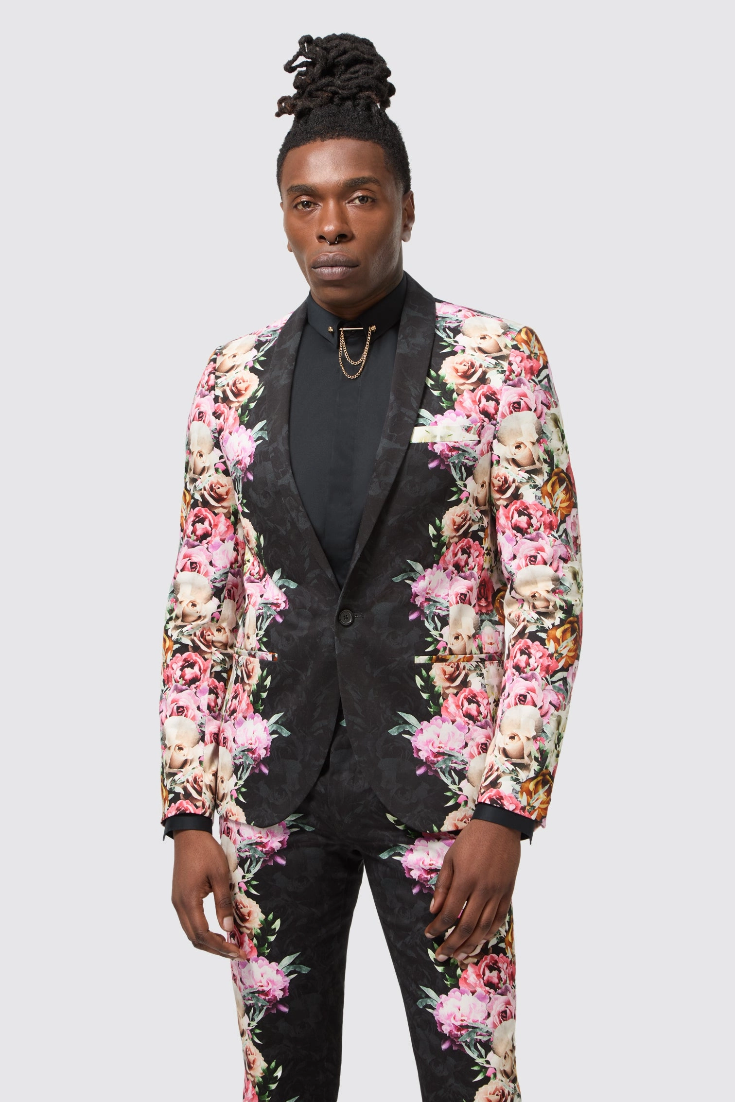 Ikeda Slim Fit Black Cotton Floral Suit