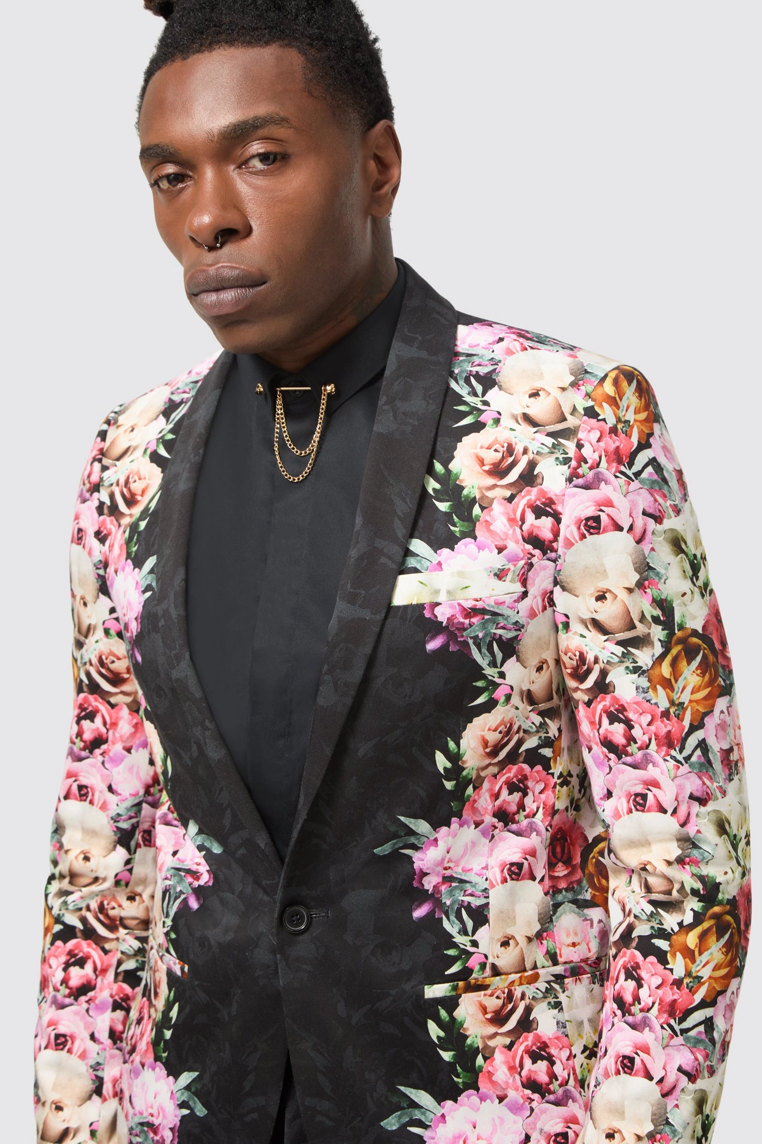 Ikeda Slim Fit Black Cotton Floral Suit