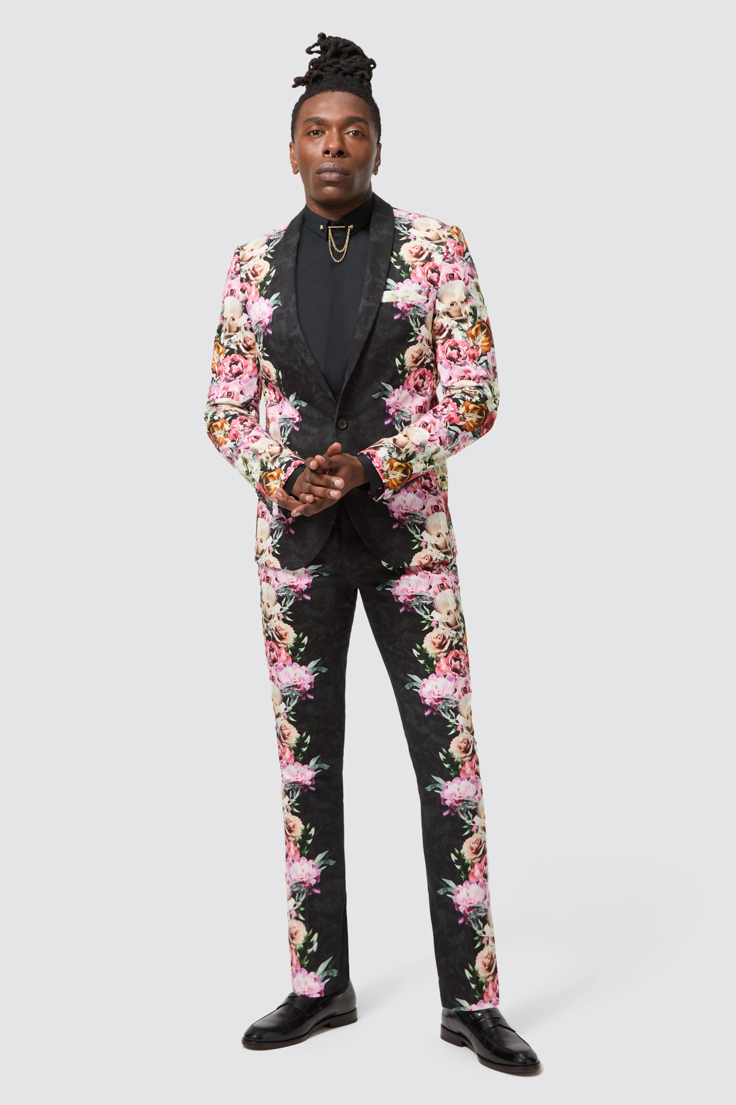 Ikeda Slim Fit Black Cotton Floral Suit