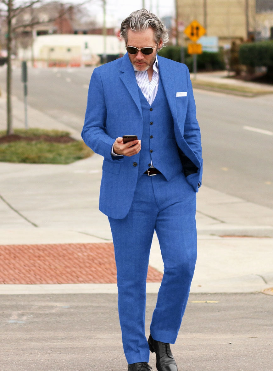 Italian Prato Electric Blue Herringbone Linen Suit