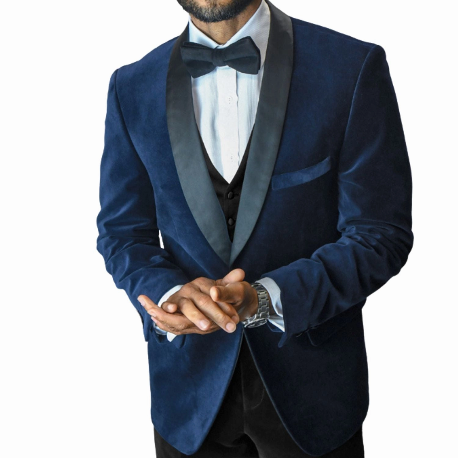 Janus Collection: 2 PC Navy Velvet Suit with Bow Tie