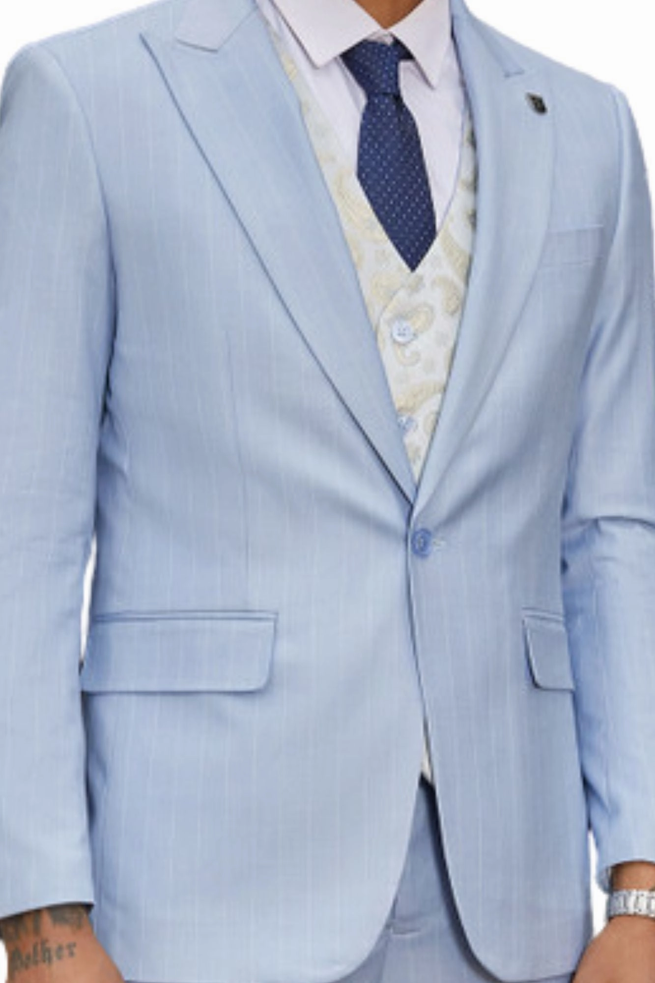 Lavellaby Collection: 3 Piece Men's Pinstripe Hybrid Fit Suit In Baby Blue