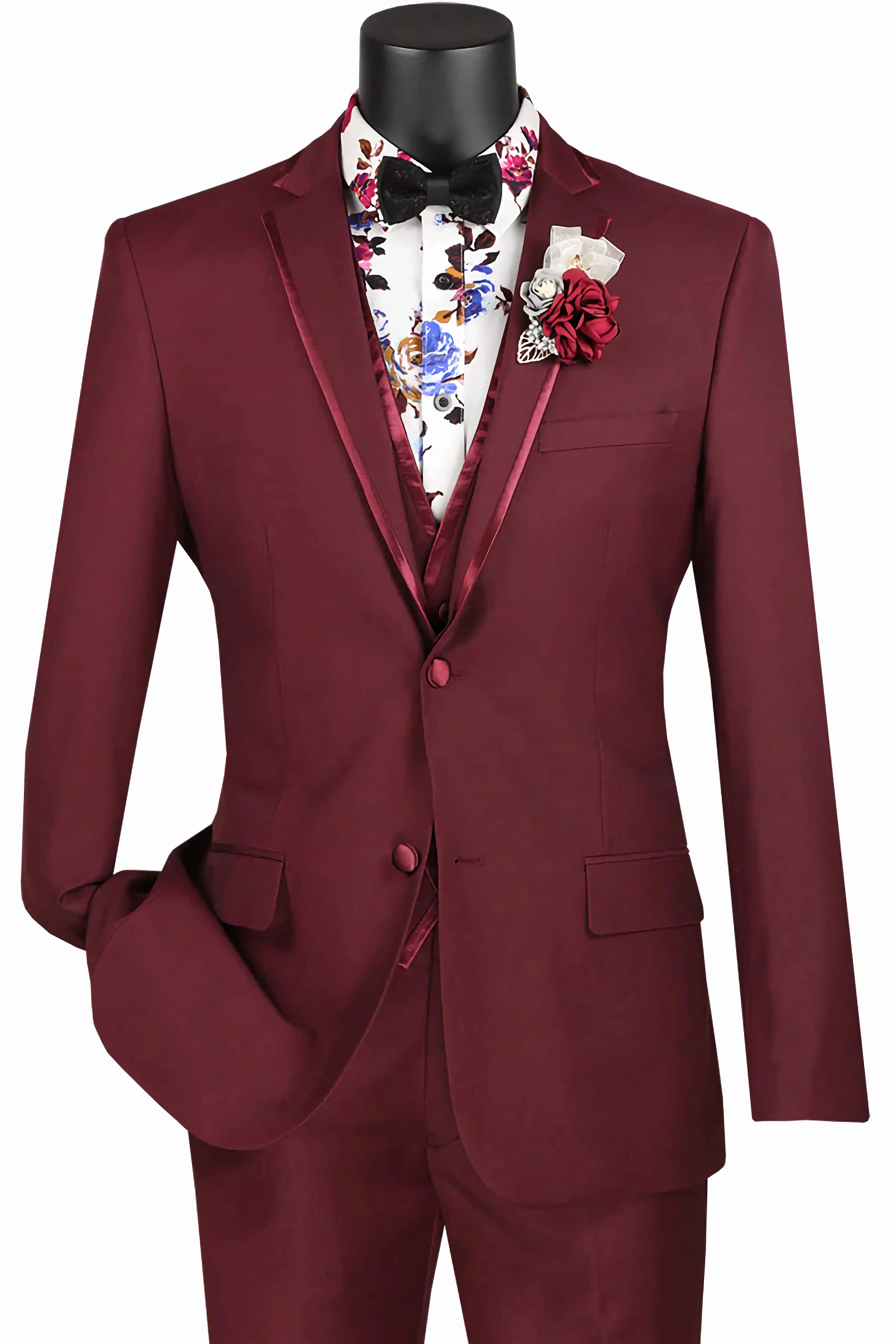 Leo Collection - Slim Fit Tuxedo 2 Buttons 3 Piece Burgundy Suit
