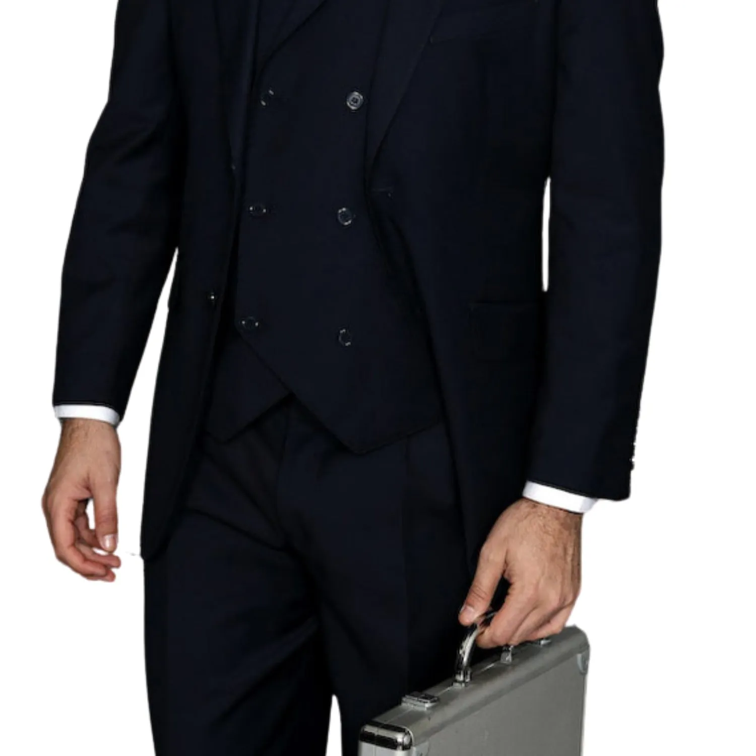 LunarLuxe Collection: Navy 3-Piece Suit with Double-Breasted Vest and Pleated Pants - Classic Fit