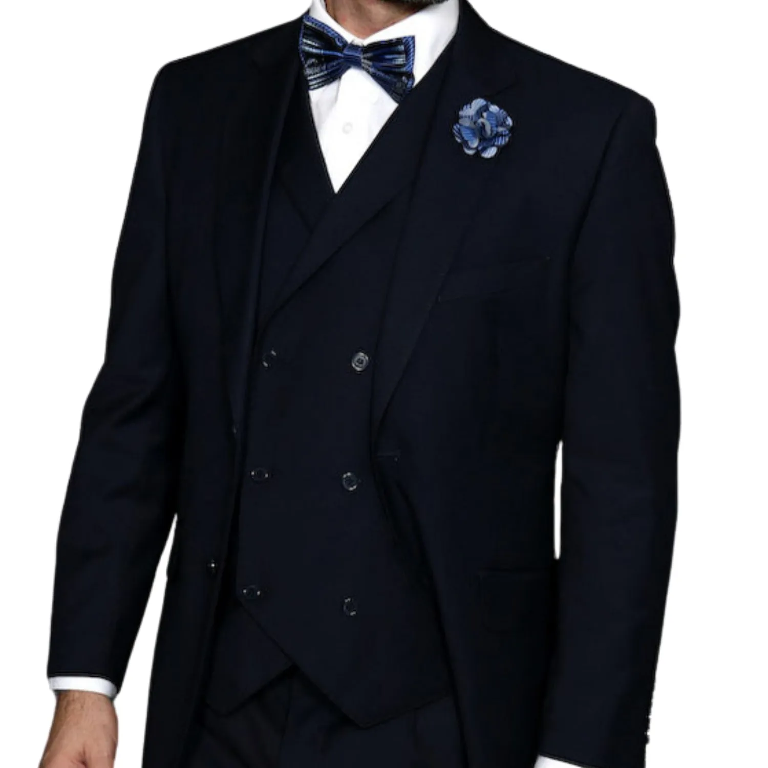 LunarLuxe Collection: Navy 3-Piece Suit with Double-Breasted Vest and Pleated Pants - Classic Fit