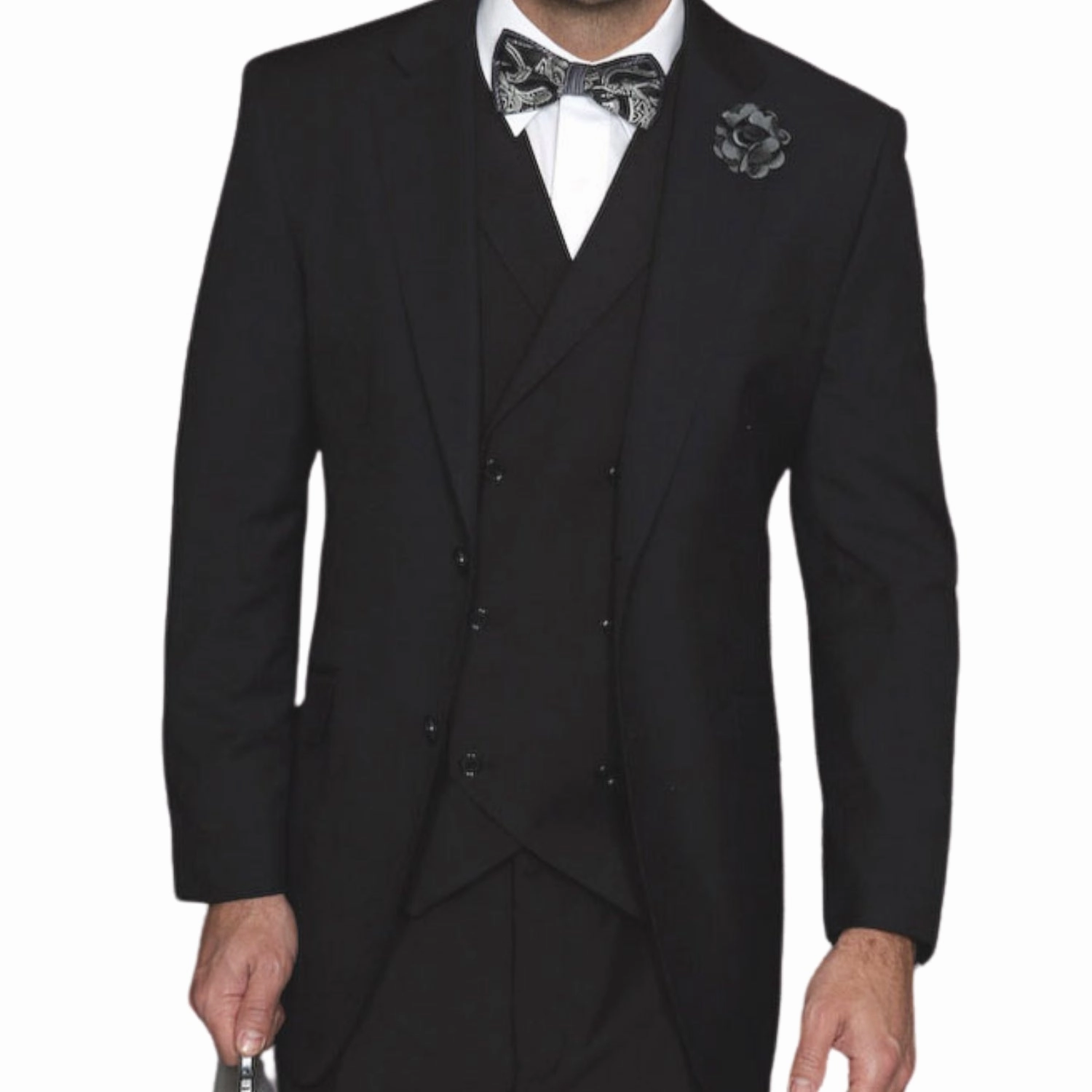 LunarLuxe Collection: Black 3-Piece Suit with Double-Breasted Vest and Pleated Pants - Classic Fit