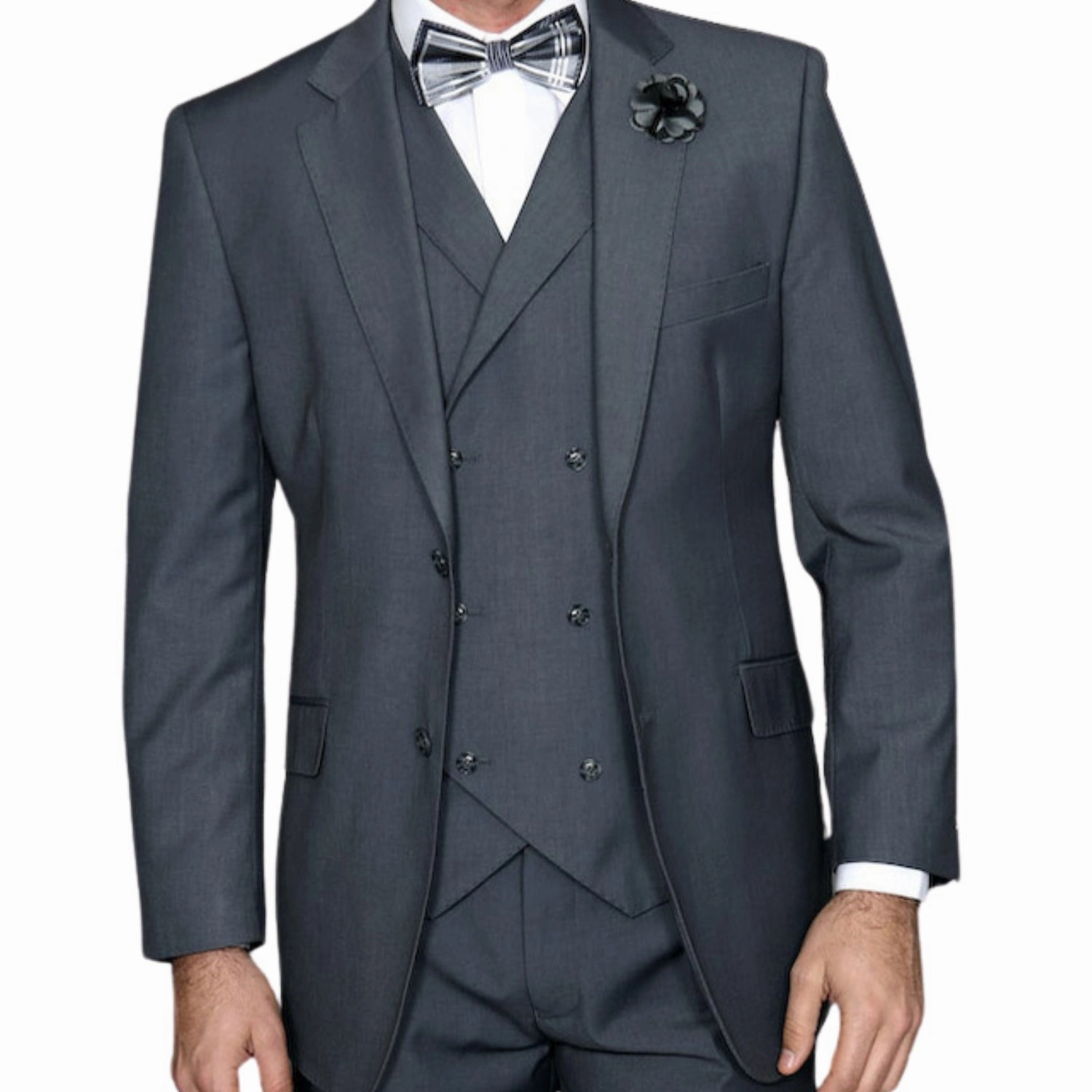 LunarLuxe Collection: Charcoal 3-Piece Suit with Double-Breasted Vest and Pleated Pants - Classic Fit