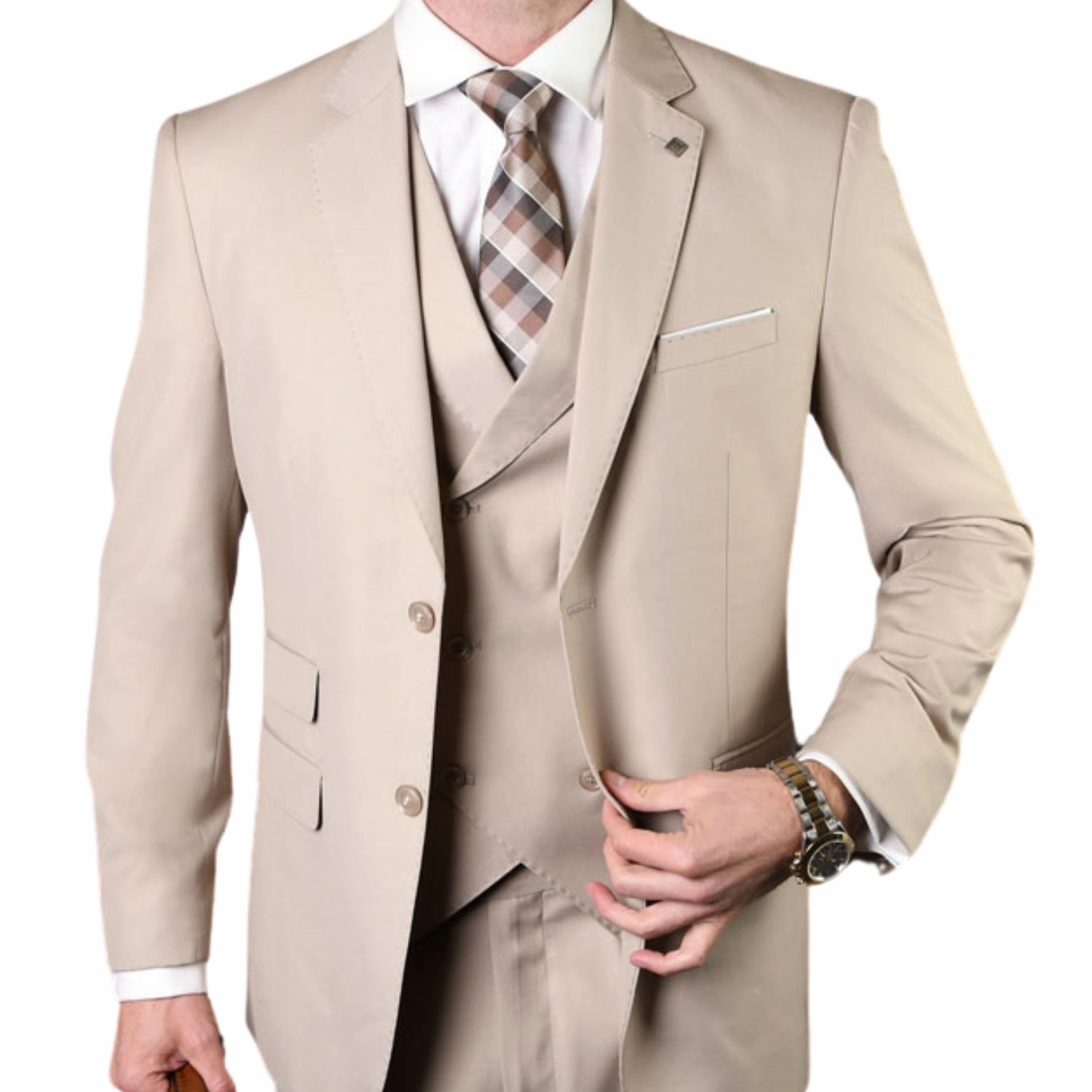 LunarLuxe Collection: Tan 3-Piece Suit with Double-Breasted Vest and Pleated Pants - Classic Fit