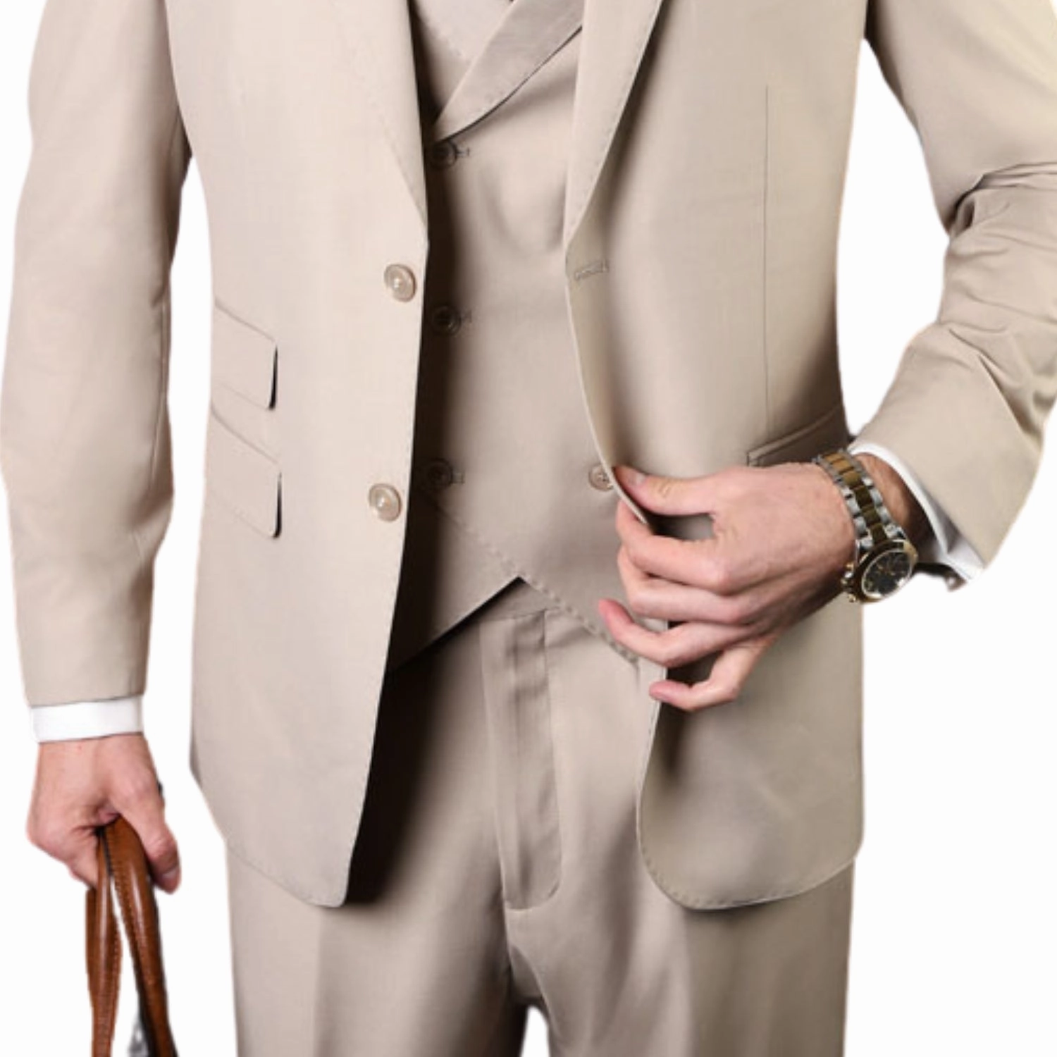 LunarLuxe Collection: Tan 3-Piece Suit with Double-Breasted Vest and Pleated Pants - Classic Fit