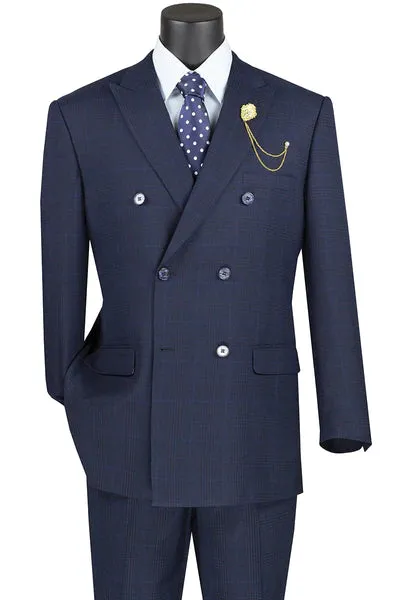 LuxLands Collection: Navy 2 Piece Glen Plaid Double-Breasted Regular Fit Suit