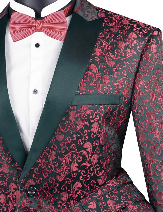 Luxnova Collection: Red Jacquard Print Shawl Lapel Blazer – Regular Fit