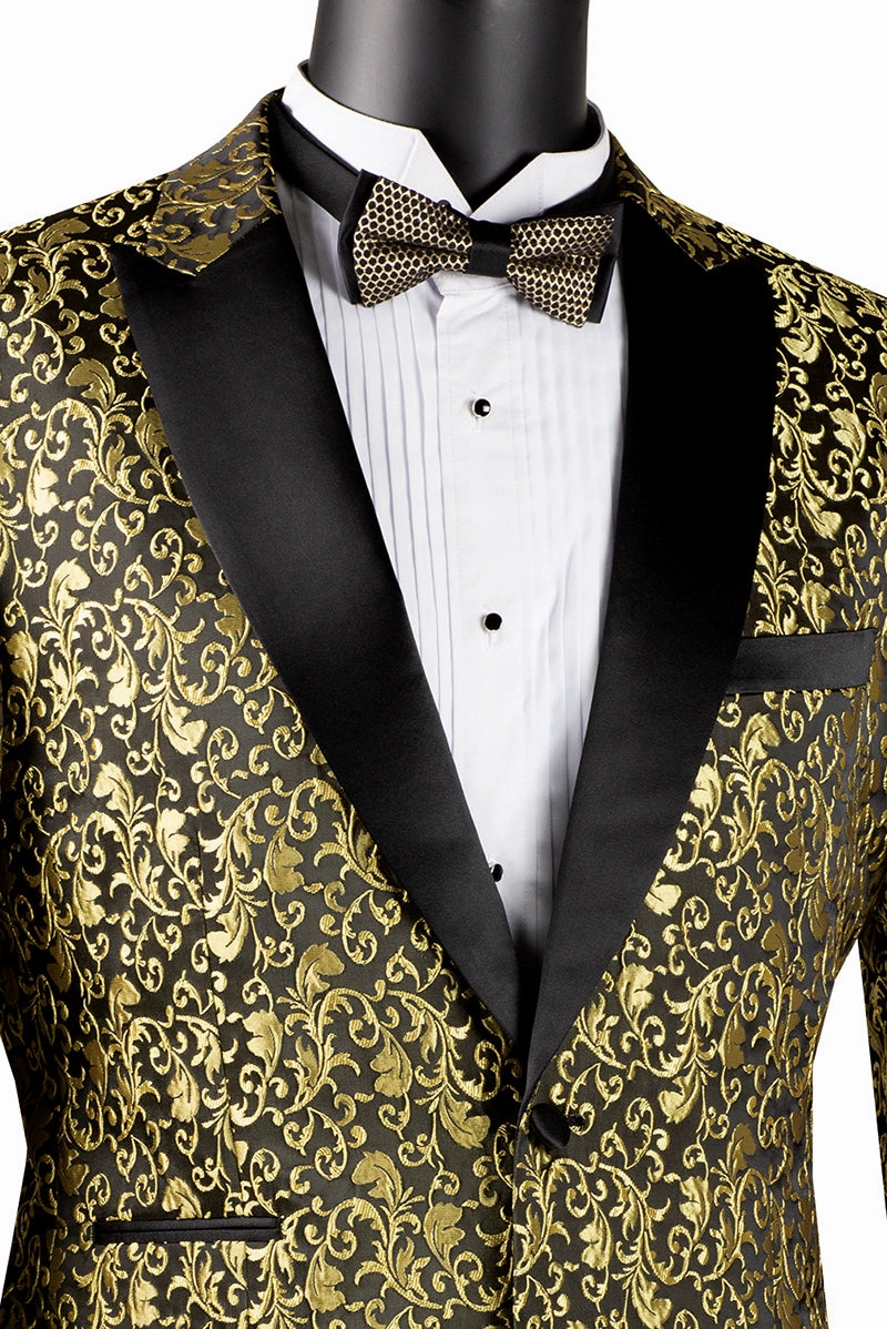 Luxnova Collection: Gold Jacquard Print Shawl Lapel Blazer – Regular Fit