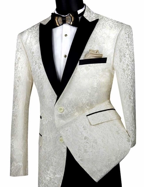 Luxnova Collection: Ivory Jacquard Print Shawl Lapel Blazer – Regular Fit