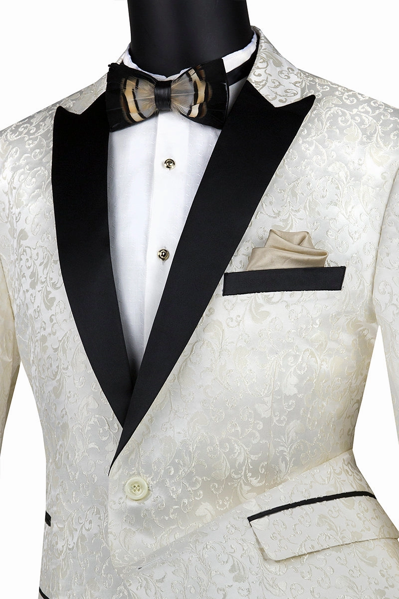 Luxnova Collection: Ivory Jacquard Print Shawl Lapel Blazer – Regular Fit