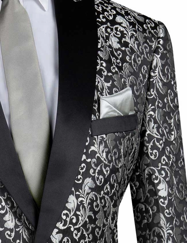 Luxnova Collection: Silver Jacquard Print Shawl Lapel Blazer – Regular Fit