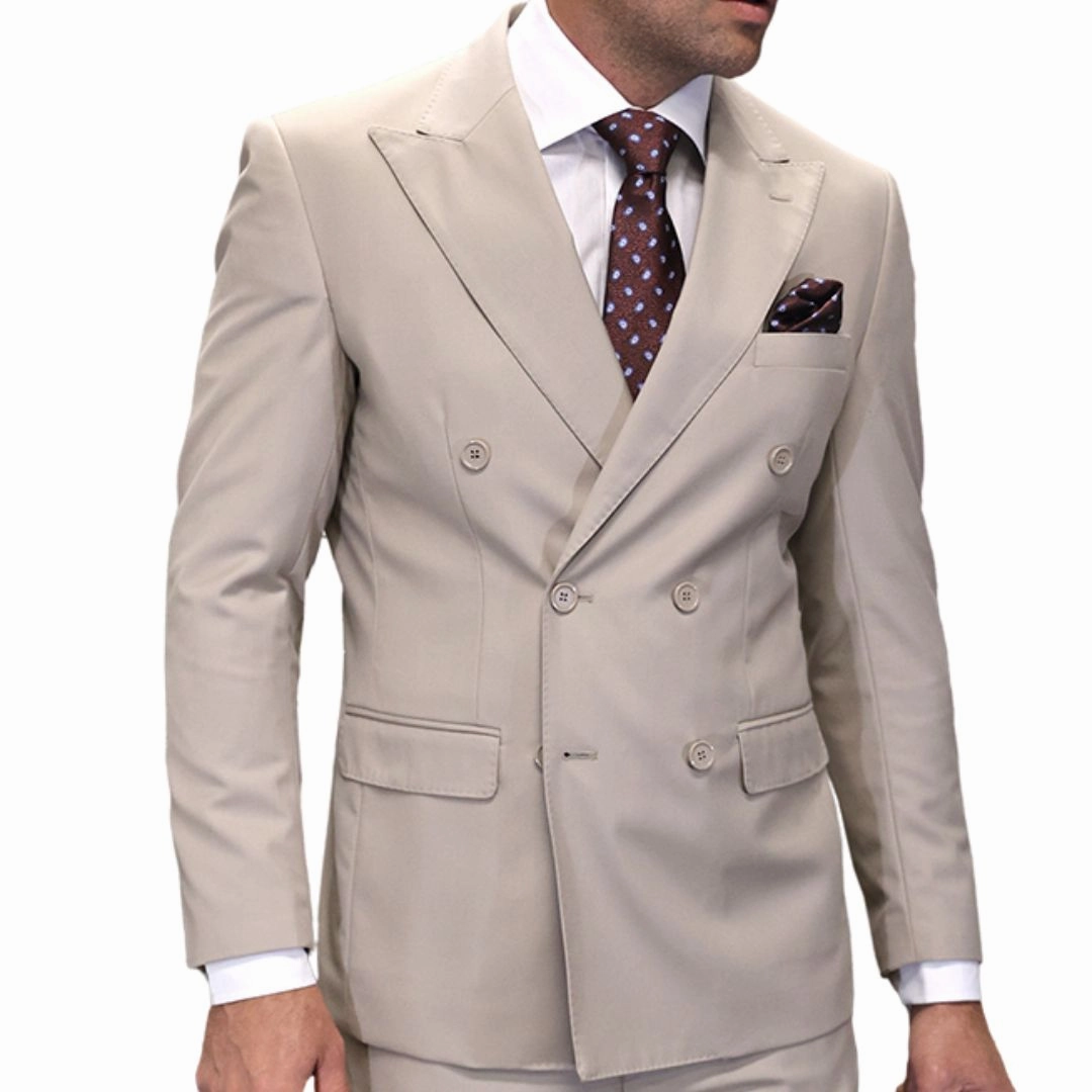 Lyra Collection: Tan Double-Breasted Regular Fit Suit with Pleated Pants