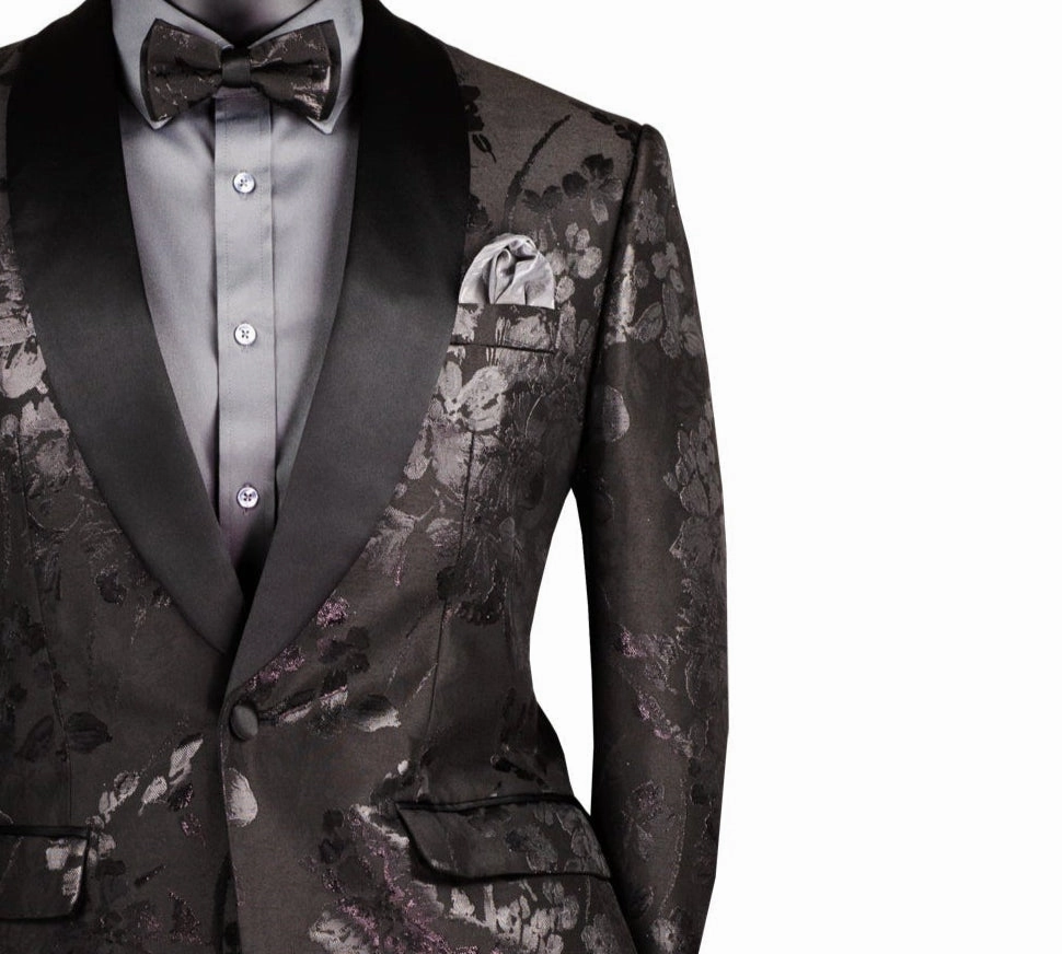 Maia Collection: Black Floral Jacquard Slim Fit Blazer