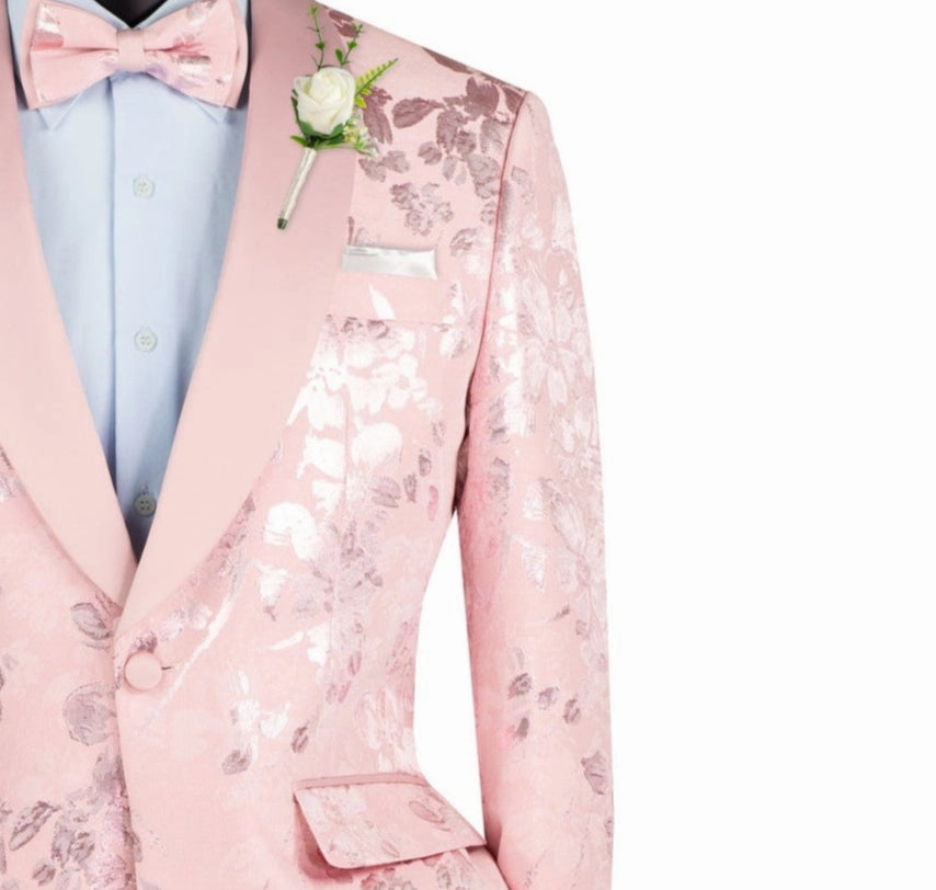 Maia Collection: Pink Floral Jacquard Slim Fit Blazer