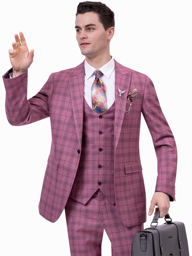 Mauve Plaid Three Piece Modern Fit Fashion Suit M2765