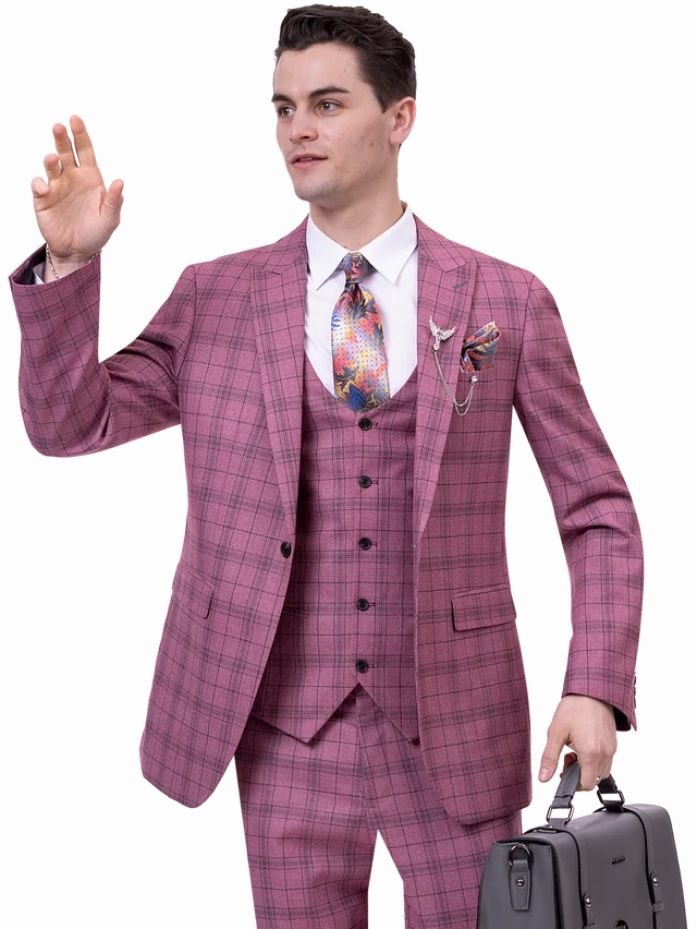 Mauve Plaid Three Piece Modern Fit Fashion Suit M2765