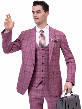 Mauve Plaid Three Piece Modern Fit Fashion Suit M2765