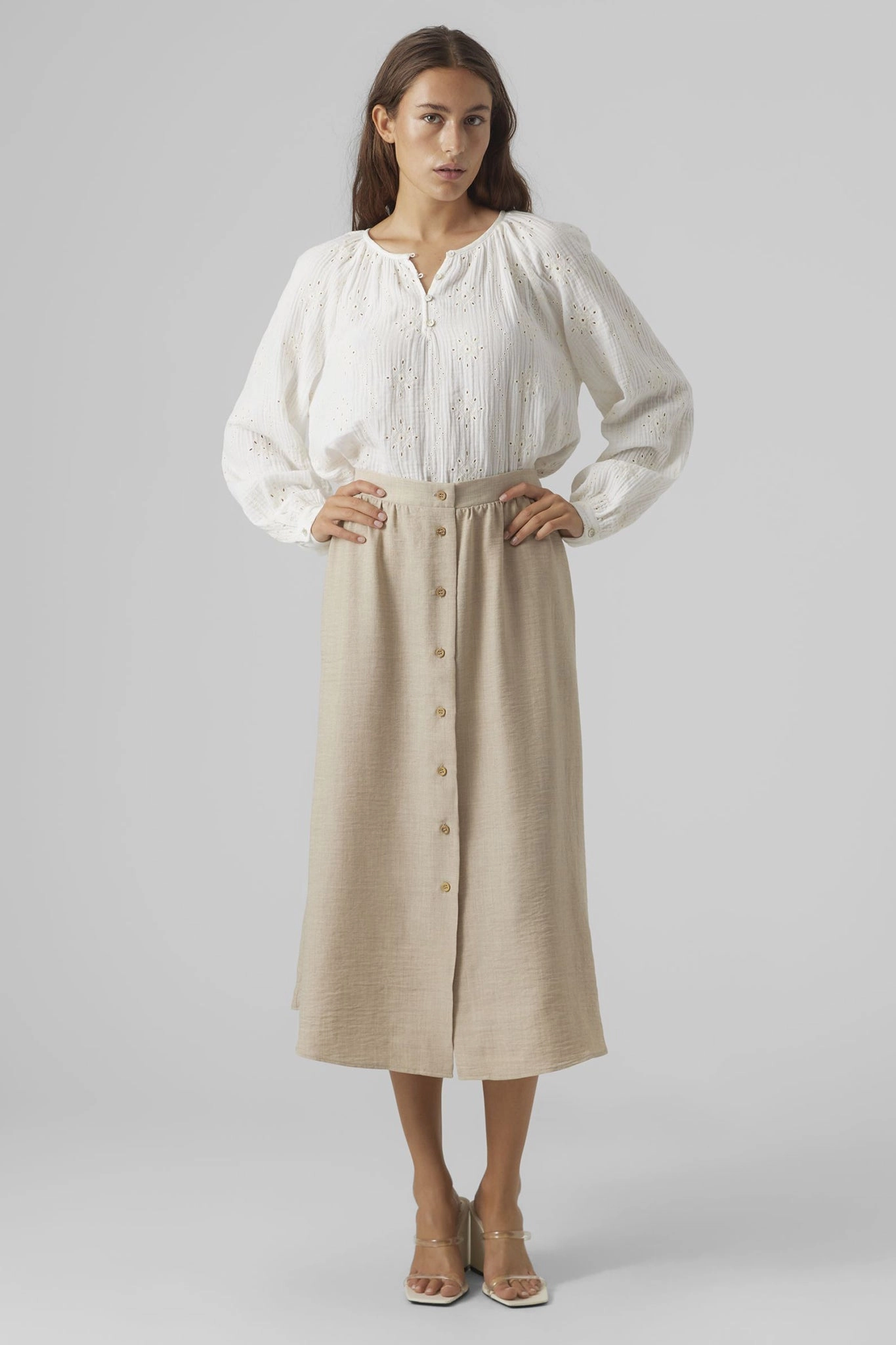 Melaney High Waisted Beige Button Skirt